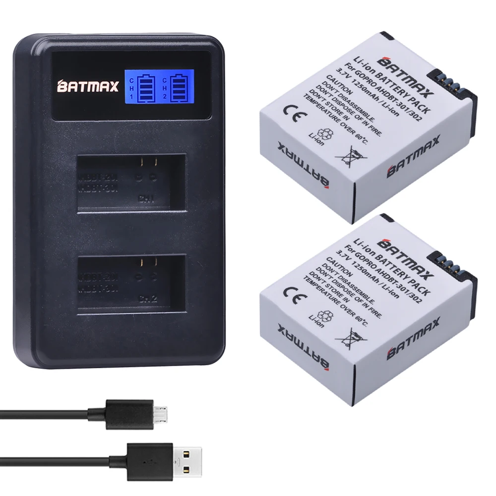 

Batmax 2 шт. AHDBT-301 AHDBT-302 батарея для камеры + двойное зарядное устройство с ЖК-дисплеем для Gopro Hero 3/3 Hero3 Hero3 Camera Hero3 Go Pro