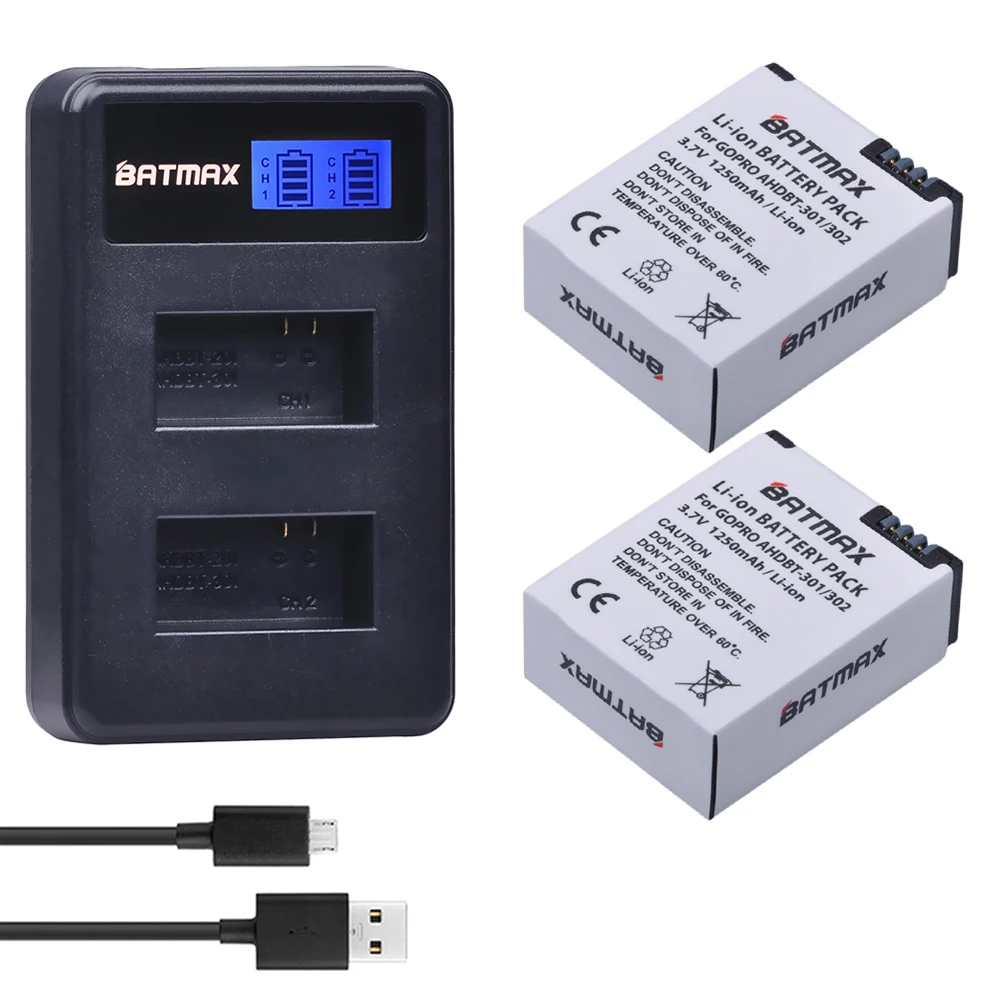 Batmax 2 шт. AHDBT 301 302 батарея для камеры + двойное зарядное устройство с ЖК дисплеем Gopro