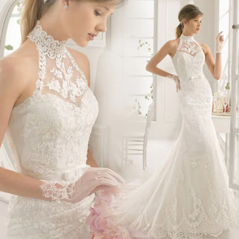 Длинное белое свадебное платье с вырезом лодочкой кружевное женское для