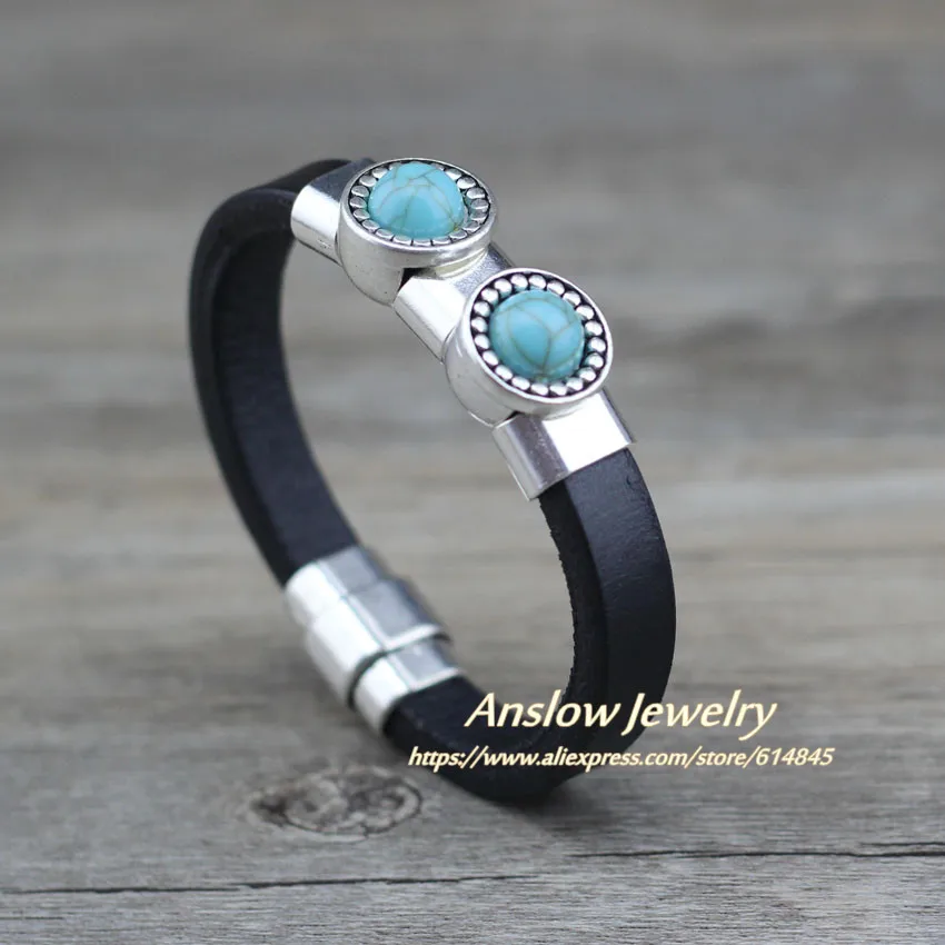 Мужской кожаный браслет Anslow брендовый унисекс из натурального зеленого камня с