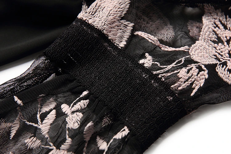LD LINDA делла весеннее модное подиумное черное платье женское с длинным рукавом с вышитыми перьями и цветами Лоскутное Платье до середины икры
