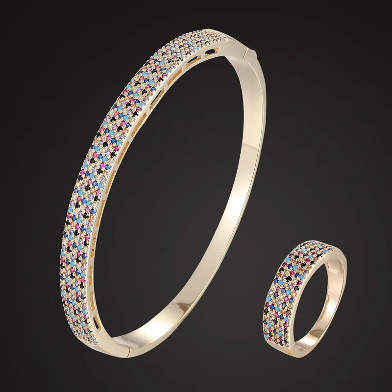 Zlxgirl New arrival colorful cubic zircon micro pave setting bangle bracelet with ring wedding jewelry sets brand copper | Украшения и