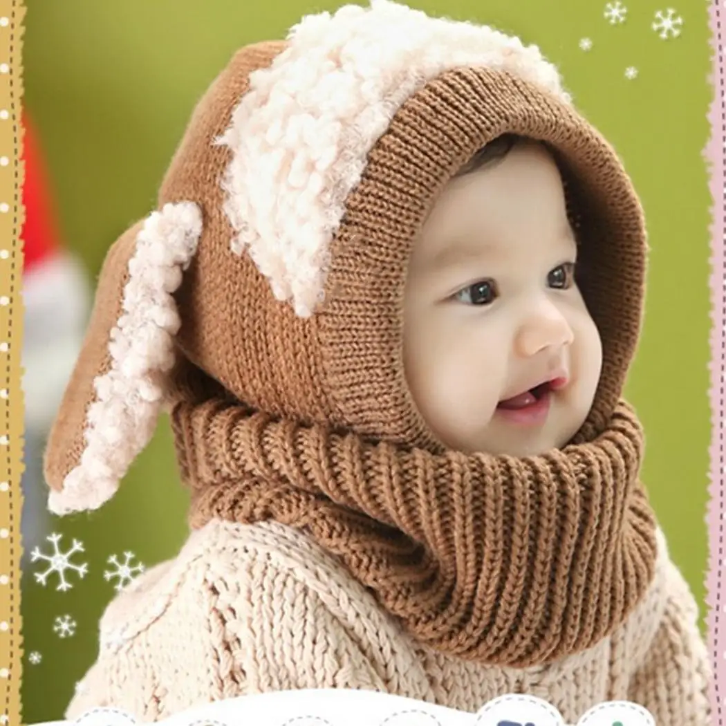 Winter Baby Hat and Scarf Joint With Dog Style Crochet Knitted Caps for Infant Boys Girls Children New Fashion Kids Neck Warmer | Детская