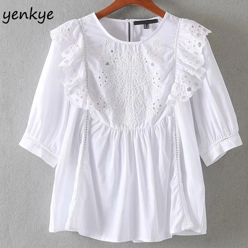 Мода 2019 женская сексуальная открытая блузка с вышивкой круглым вырезом коротким