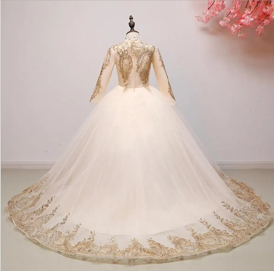 Gold Sequin Lace Flower Girl Princess Dress Long Sleeve Trailing Party Wedding Toddler First Communion Gown | Детская одежда и