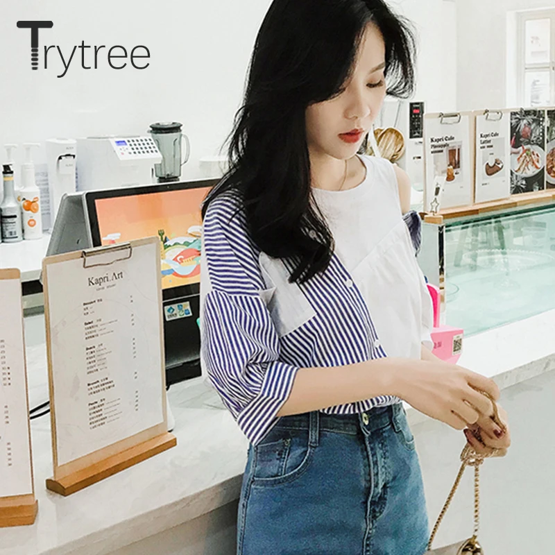 Trytree/летние женские Полосатые блузки Повседневная рубашка из полиэстера и хлопка