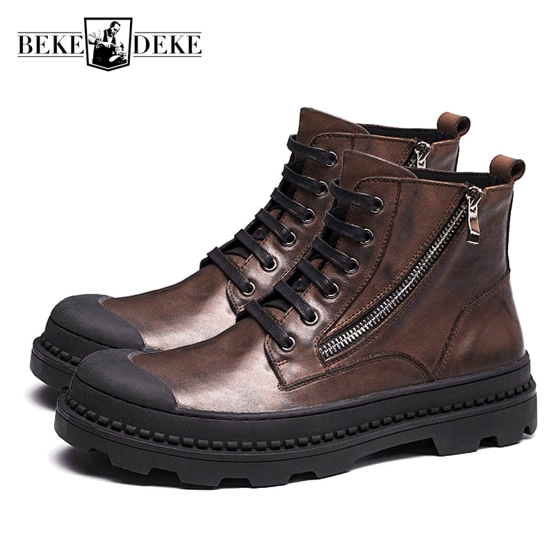 

Mens Boots Winter High Help Genuine Leather Boots Desert Boots Round Toe Fleece Lining Warm Shoes Lace Up Footwear Side Zipper