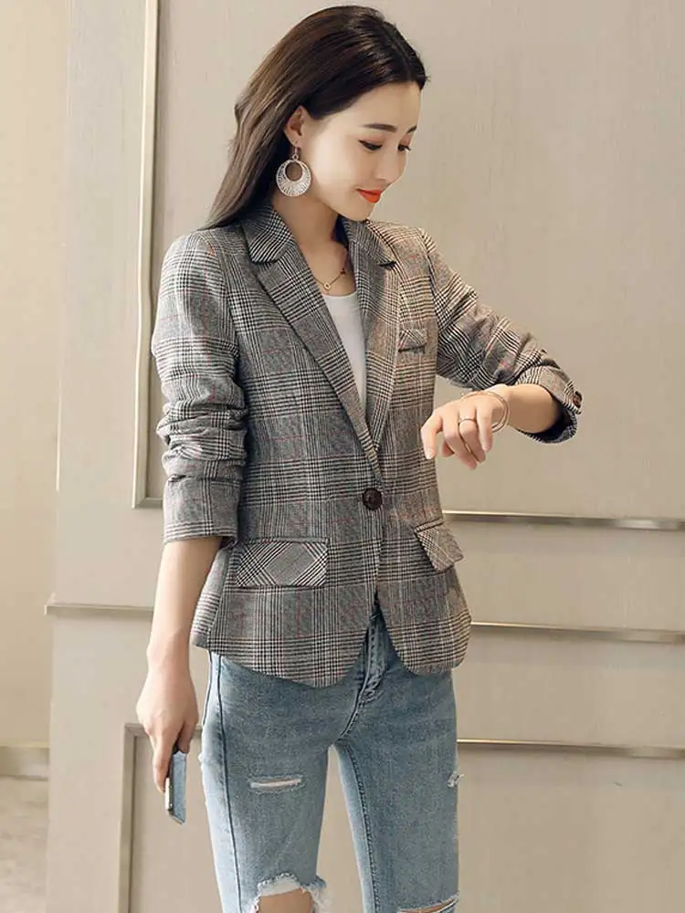plaid Женский клетчатый шикарный короткий Блейзер, костюм, пальто, длинный рукав, раздельный, на пуговицах, с разрезом, карман, Женская куртка, лидер продаж, C95907Z - Цвет: plaid