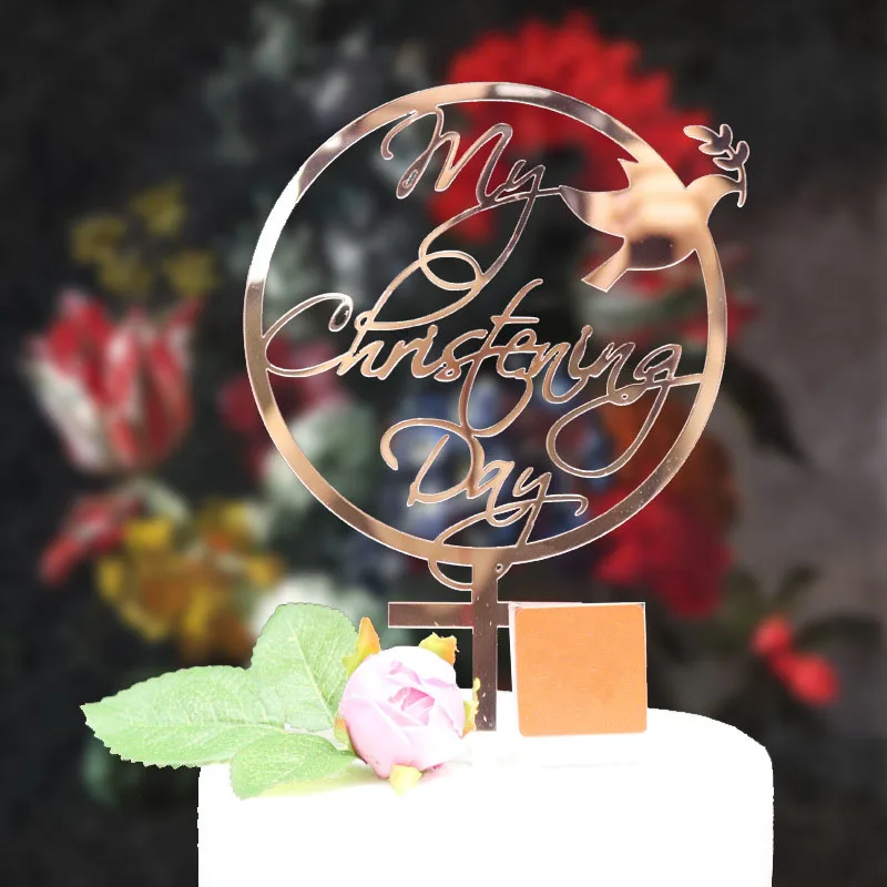 

My Christening Day Acrylic Cake Topper Rose Gold Circle Wedding Acrylic Cupcake Topper For Christening Party Cake Decorations