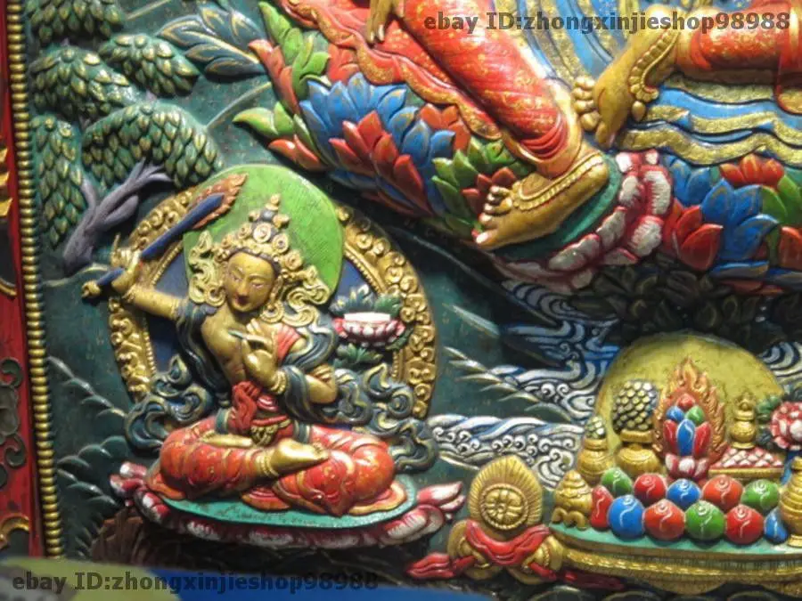 Бесплатная доставка Тибетский храм дерево резная окрашенная Зеленая Тара