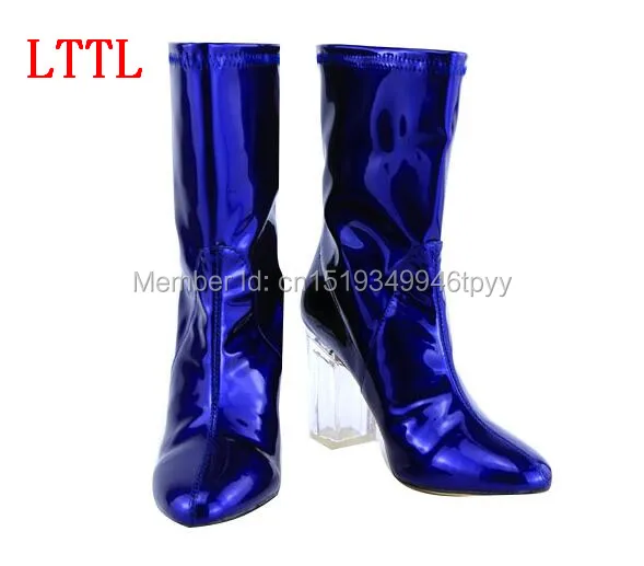 2016 Женские королевские печатные синие средние ботинки новой моды с острым носом