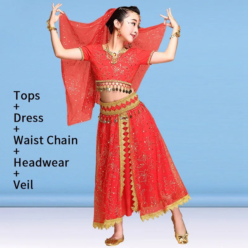 Red(5pc) Костюм для танца живота, индийское танцевальное платье для девочек, Детский костюм для танца живота, Болливуд, сценическая танцевальная одежда, платье для выступлений - Цвет: Red(5pc)