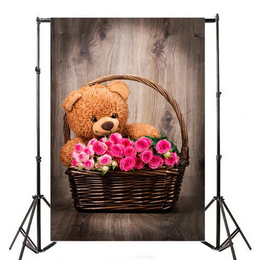 Laeacco Toy Bear Rose Flowers Basket Wooden Floor Photography Backgrounds Vinyl Custom Photographic Backdrops For Photo Studio |