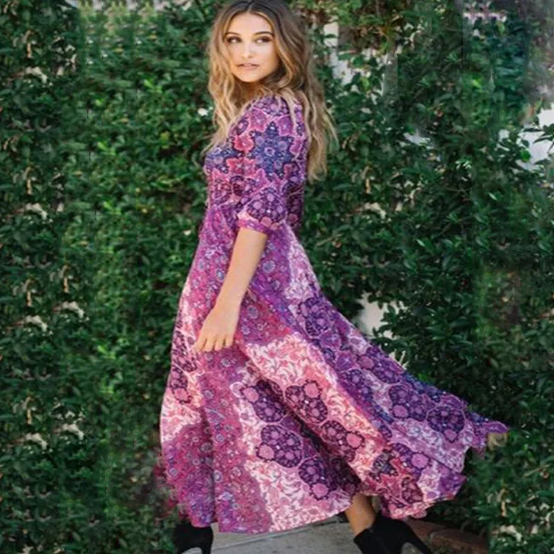 Платье BOHOFREE Пляжное длинное платье в стиле бохо с треугольным вырезом рукавом 3/4