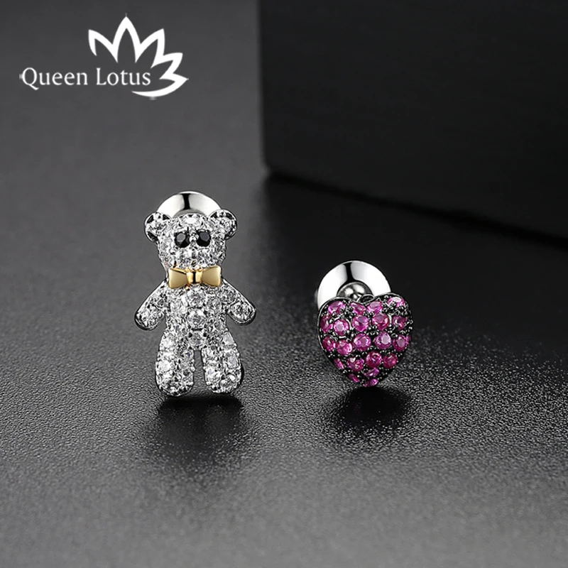Женские маленькие серьги Queen Lotus корейские модные с милым медвежонком и сердечком