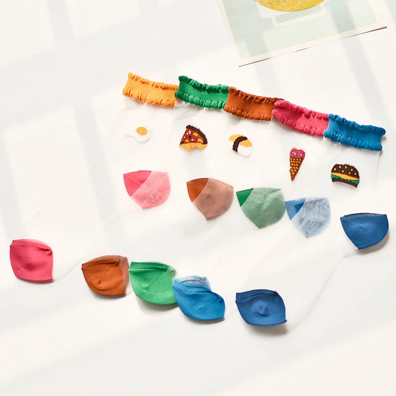 Носки женские прозрачные в японском стиле, шелковые, с изображением Гамбурга, суши, пиццы, ресторана, пиццы, хрустальные