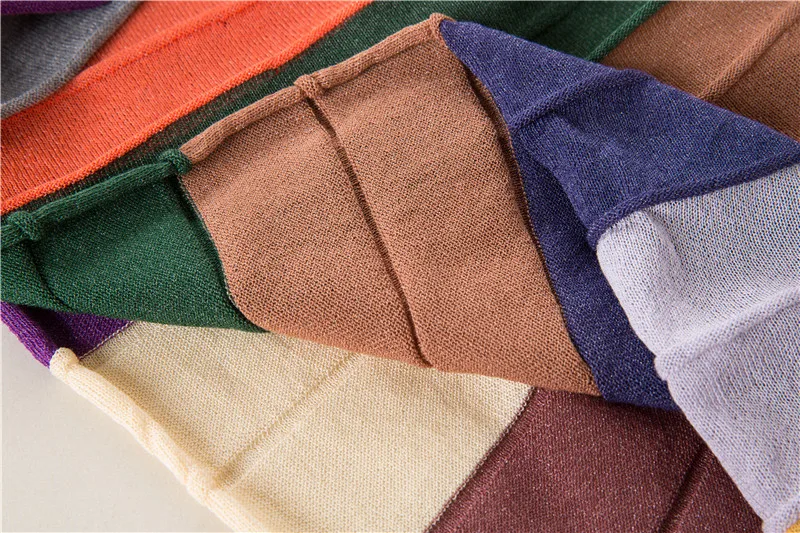 Qooth летняя модная женская одежда трикотаж Радужный полосатый свитер платье с