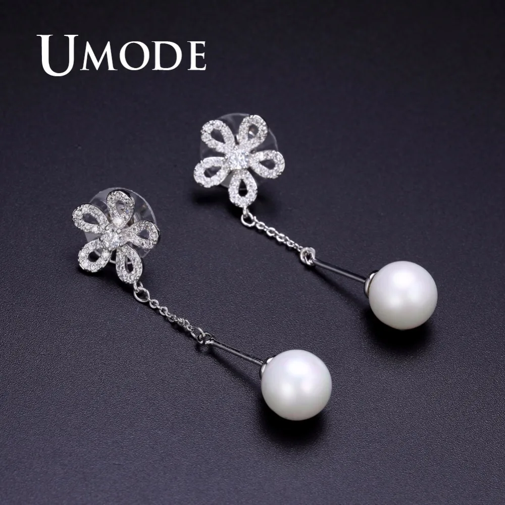UMODE Модный жемчужный цветок длинные висячие серьги для женщин женское белое золото Цвет кубический цирконий ювелирные изделия pendientes UE0361