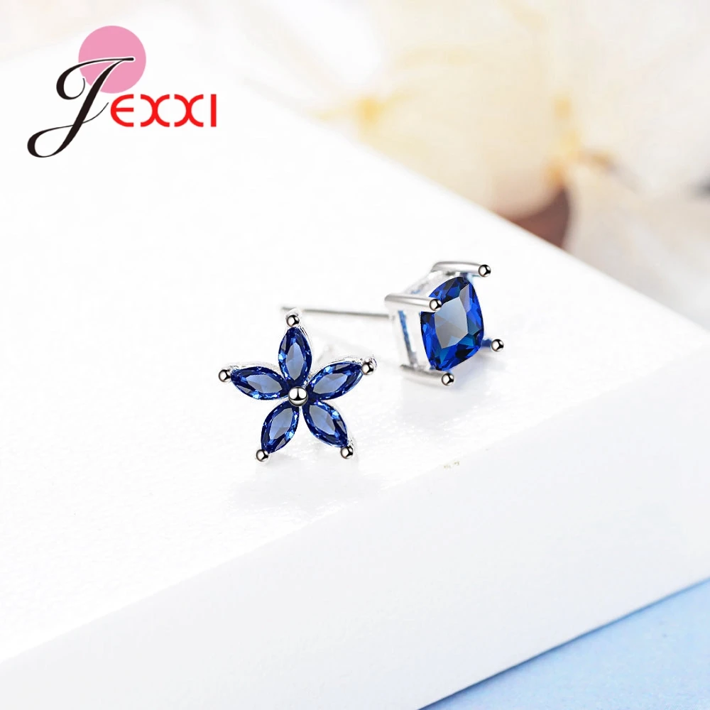 

New Fashion Band Beautiful Simple Temperament Blue Flower Square 925 Sterling Silver Stud Earrings For Girl Women Jewelry
