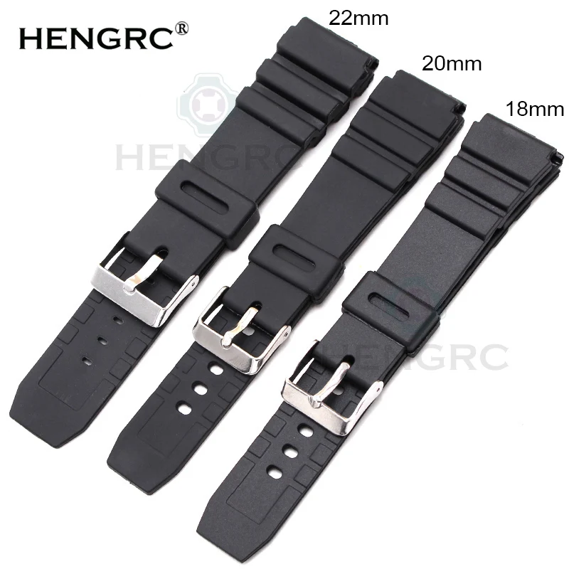 HENGRC Rubber Watchbands 18 20 22mm Men Sport Diving Silicone Watch Band Strap With Silver Steel Metal Pin Buckle For Casio