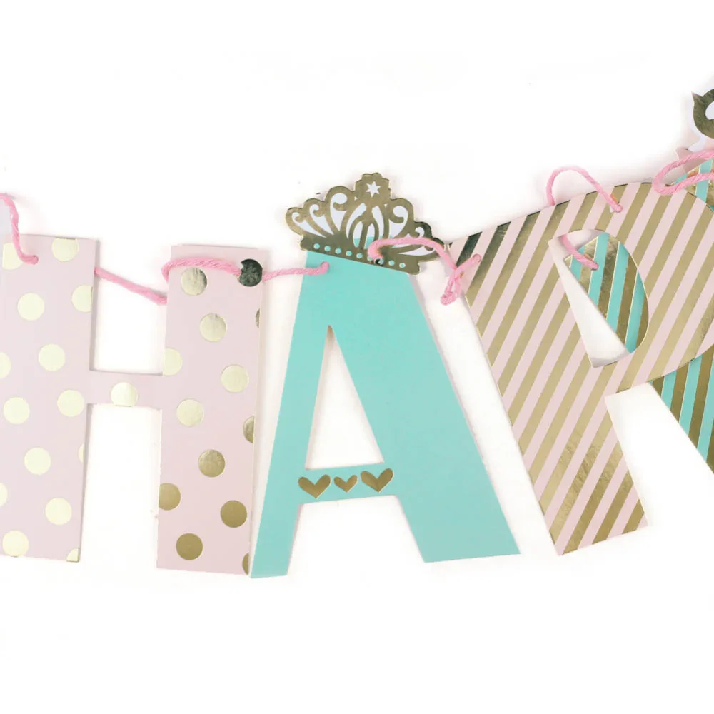 Princess Happy Birthday Banner Striped Polka Dots Baby Girl Party 1st Shower Supplies | Дом и сад
