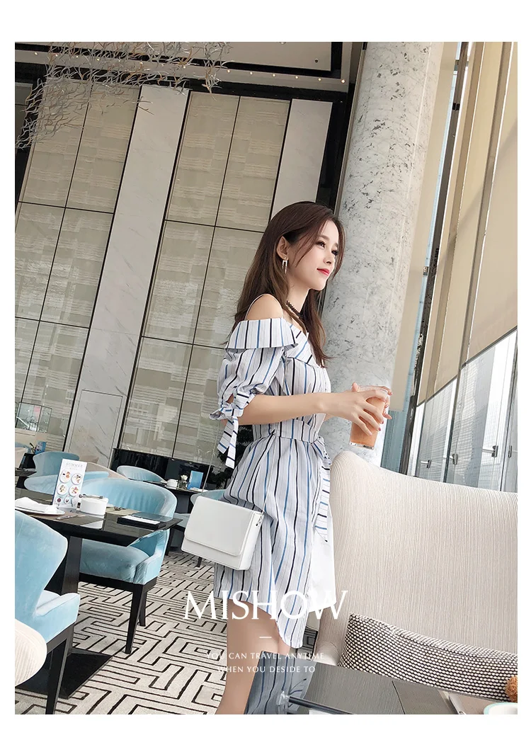 Mishow Модное женское платье с открытыми плечами+ поясом MX18B1274