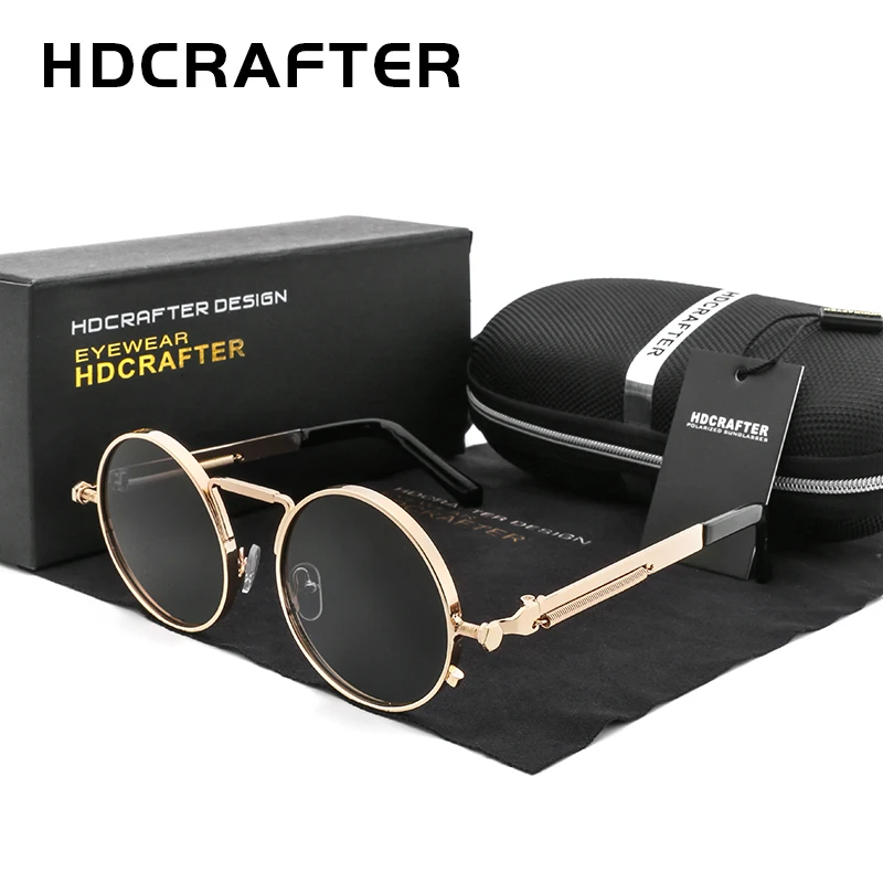 HDCRAFTER Ретро стиль стимпанк солнцезащитные очки мужские Круглые Золотая оправа