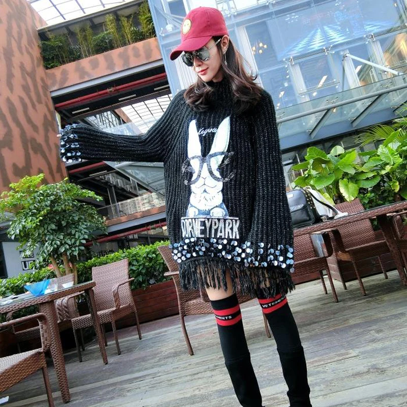 2019 winter new Thai tide brand women's cartoon sequins rabbit tassels set loose long sweater women | Женская одежда