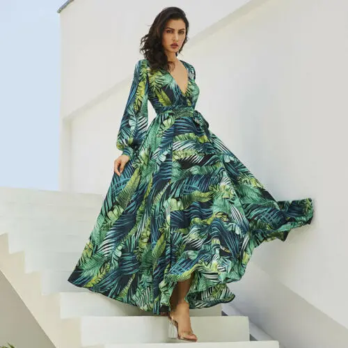 

2019 New Women Long Sleeve V Neck Floral Boho Vintage Maxi Dress Belt Lace Up Tunic DrapCasual Party Holiday Beach Dress arrival