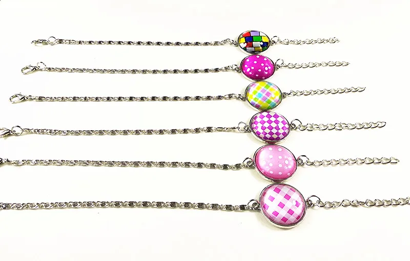 

24pcs (12 styles ) Pink,Purple,Black, Rose Lattice, Wave Point Glass charm bracelets Handmade Silver hand chain