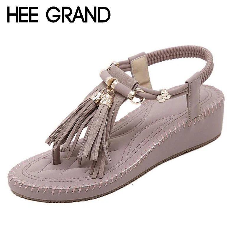 HEE GRAND Гладиатор Кисточкой Сандалии Женщина Летние Ботинки Клинья Пляж Вьетнамки
