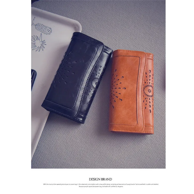 Женский кожаный кошелек Винтажный Длинный складной оранжевого и черного цвета |