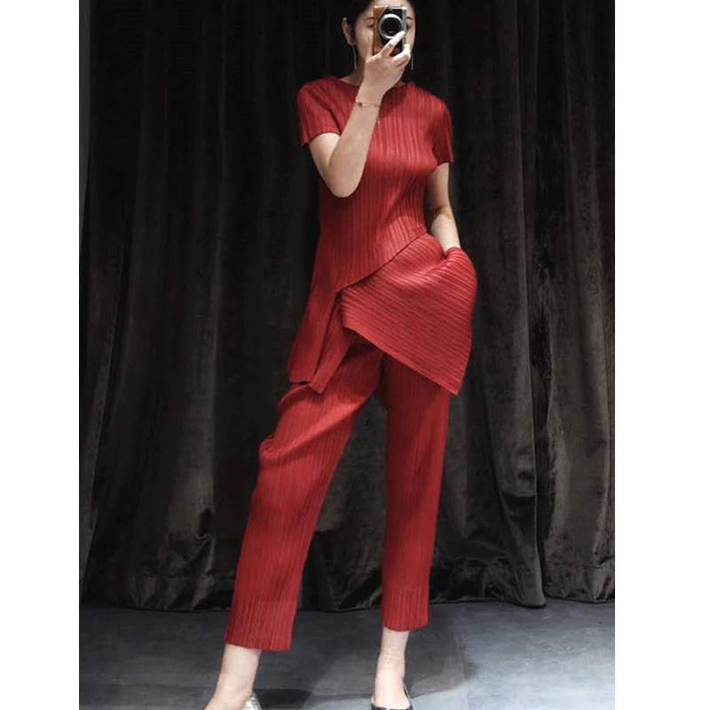 Changpleat летний женский комплект из двух предметов Miyak плиссированные модные однотонные футболки с круглым вырезом и штаны большие эластичные женские костюмы S9