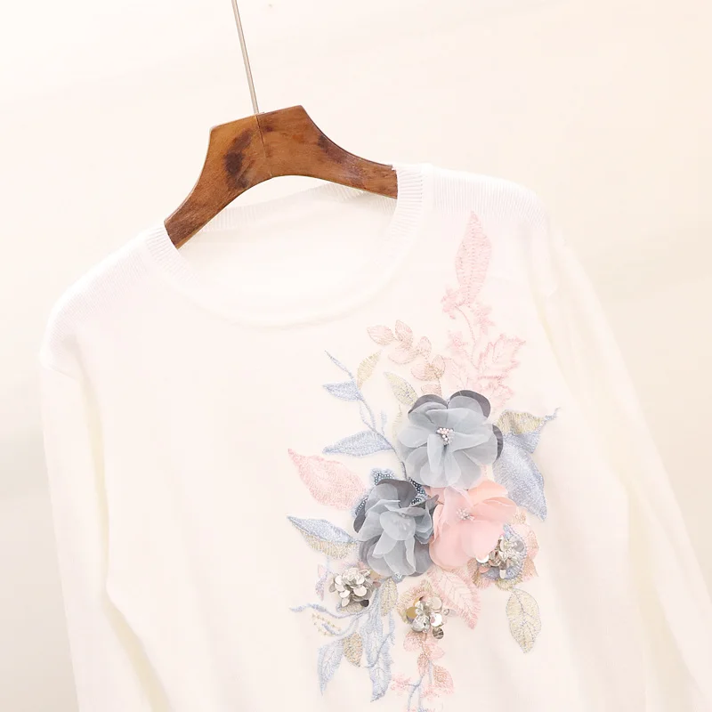 Autumn Knitted Sweater Women Knitting Pullover Embroidery Sequin 3D Floral Femme Tops Korean Harajuku Knitwear Jumper Coat | Женская