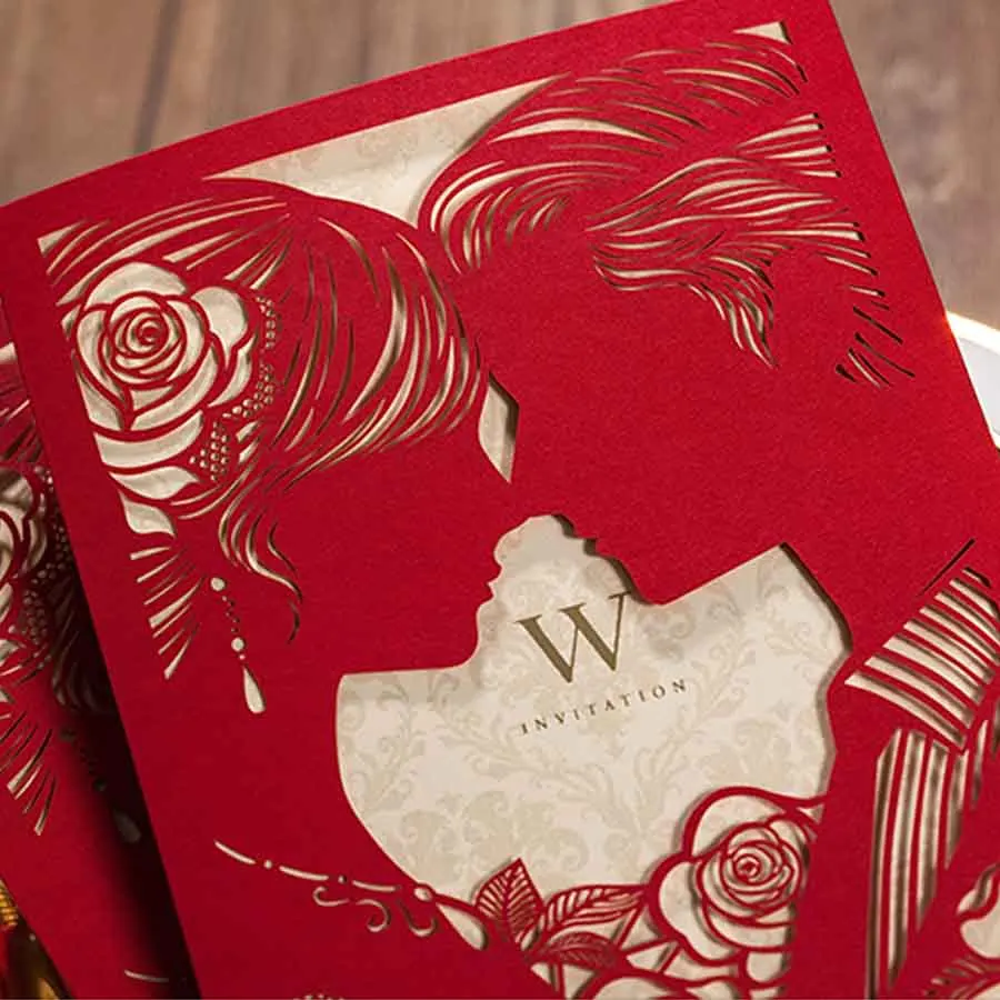 

100PCS Wishmade Laser Cut Wedding Invitations Cards with Bride and Groom Kiss Engagement for Marriage Bridal Shower CW020