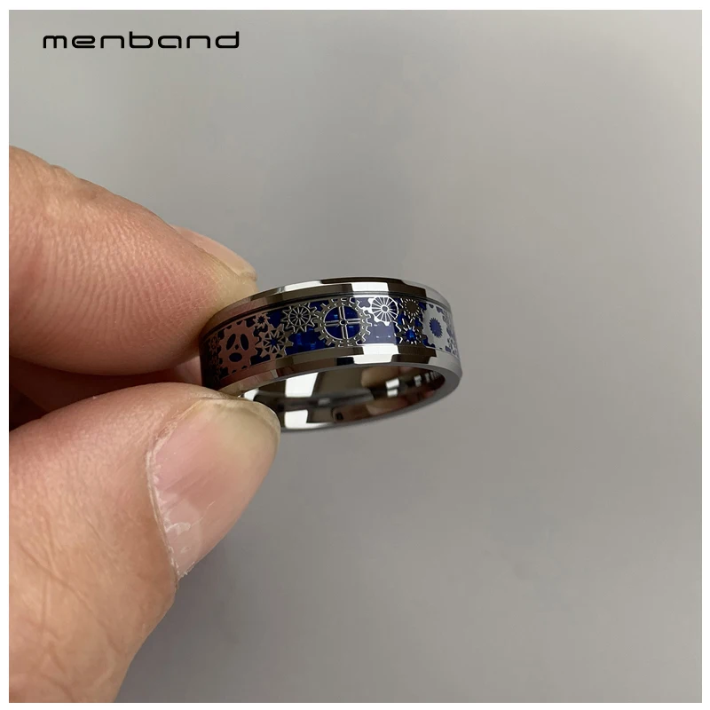 Серебряное обручальное кольцо вольфрамовые кольца с механическим зубчатым колесом и синей инкрустацией из углеродного волокна скошенные края удобная посадка