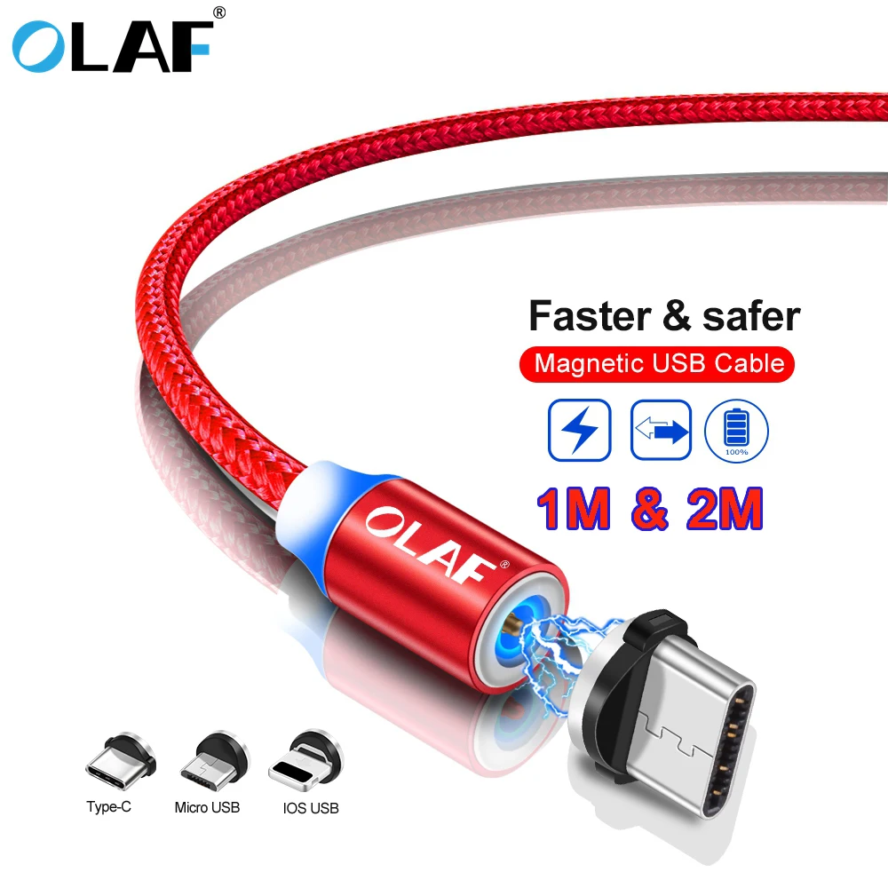 Магнитный кабель OLAF плетеный светодиодный Micro USB Type C для зарядки Apple iphone X 7 8 6 Xs Max XR