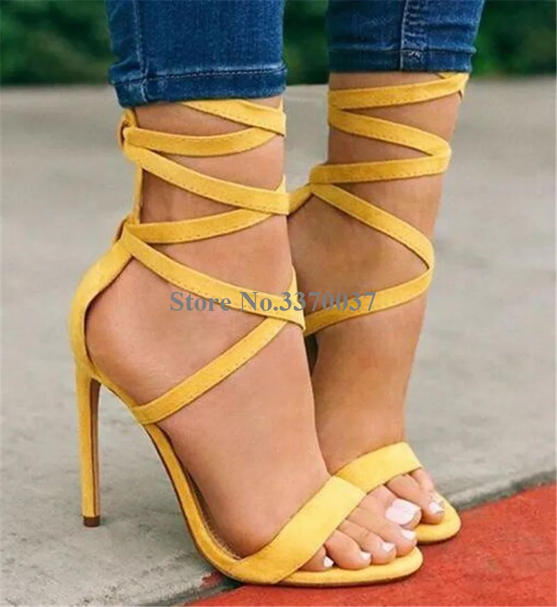 

New Fashion Women Open Toe Suede Leather Stiletto Heel Gladiator Sandals Straps Cross High Heel Sandals Dress Heels Shoes