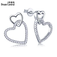 dreamcarnival1989 women stud earings cute hollow linked hearts rhodium color clear white blinking cz paved boucles doreilles