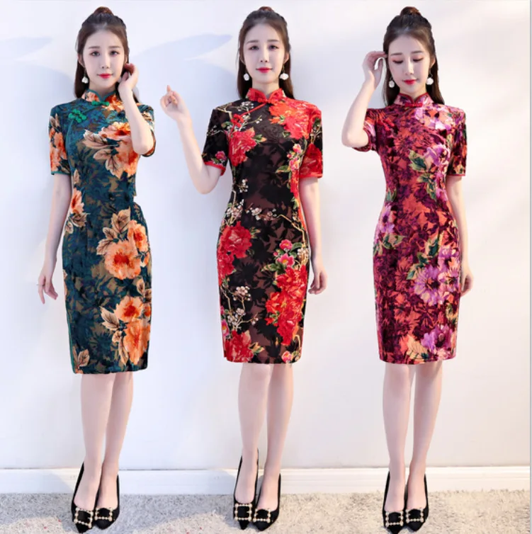 Новинка бархат цветок Cheongsam сексуальный Qipao новинка тонкий цветочный принт