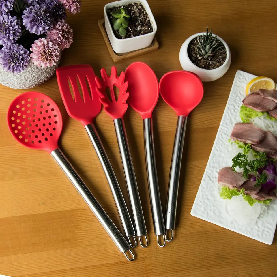 5Pcs Silicone Cooking Tools Kitchen cooking Tool Ladle Spaghetti Server Slotted Spoon Accessories | Дом и сад