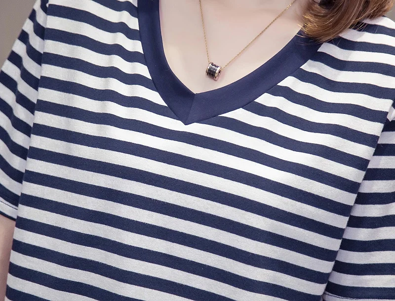 

4xl plus big size blusas feminina spring summer 2019 korean women top cute loose stripe new v-neck t-shirts female A5184