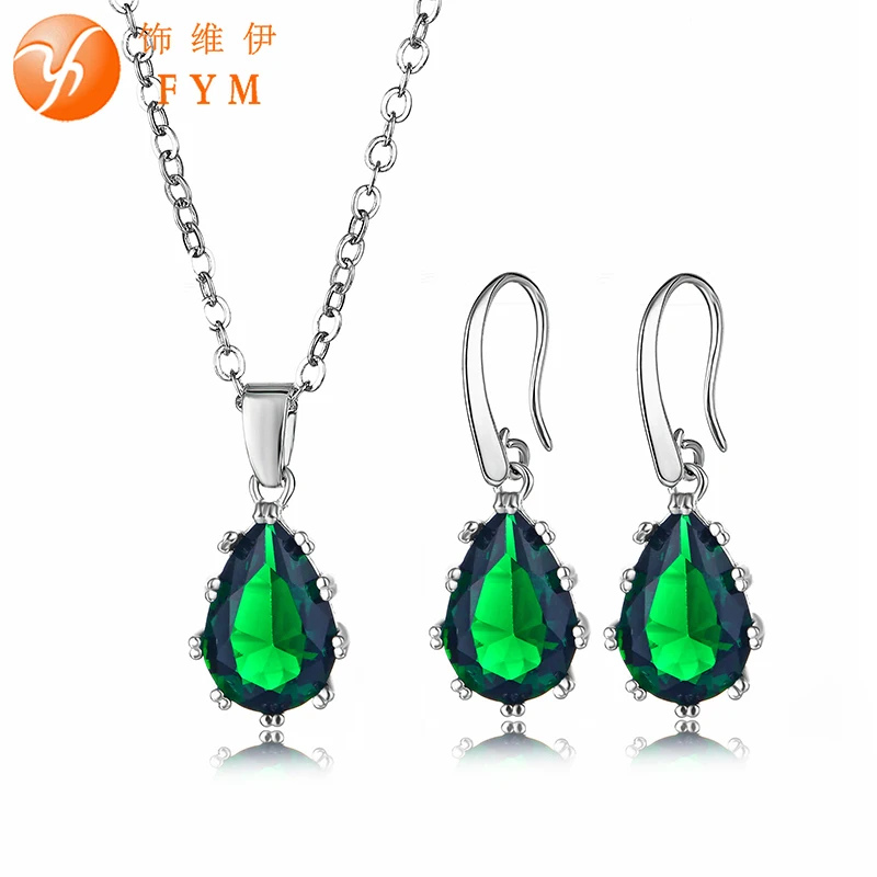 

FYM Brand Green Cubic Zirconia Bridal Jewelry Sets For Women Silver Color Necklaces Earrings Multicolor Jewelry Sets FYMJS0157