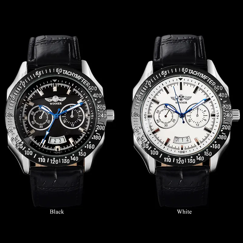 Мужские спортивные механические часы WINNER автоматические с кожаным ремешком и