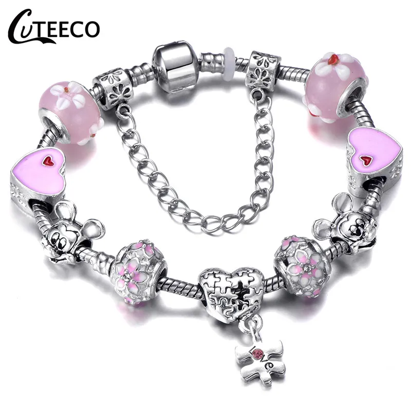 CUTEECO старинные серебряные талисманы браслеты для женщин Новые Микки хрустальные бусины для рукоделия Fit брендовый браслет для женщин Pulseira ювелирные изделия - Окраска металла: F