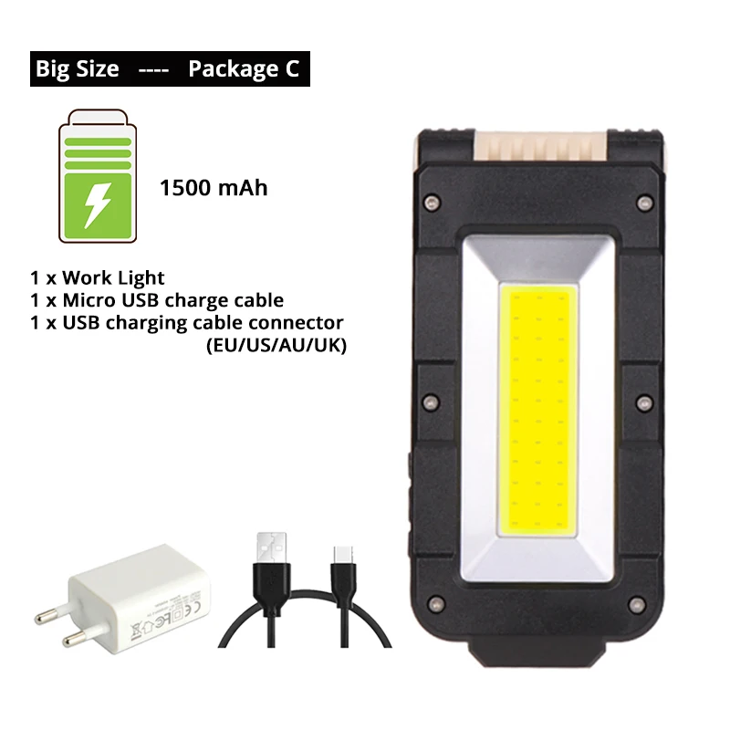 Big Size-Package C USB Перезаряжаемый COB рабочий светильник, портативный светодиодный светильник-вспышка с регулировкой на 180 градусов с магнитным креплением, подходит для кемпинга - Испускаемый цвет: Big Size-Package C
