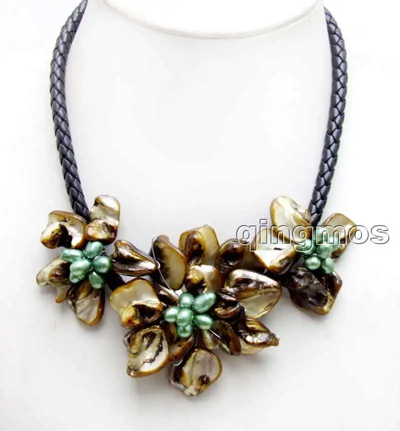 

Big 1 piece 70mm and 2 piece 50mm Brown Baroque Shell Flower and Green Natural Pearl pendant Black 6mm Rope 18'' Necklace-ne6335