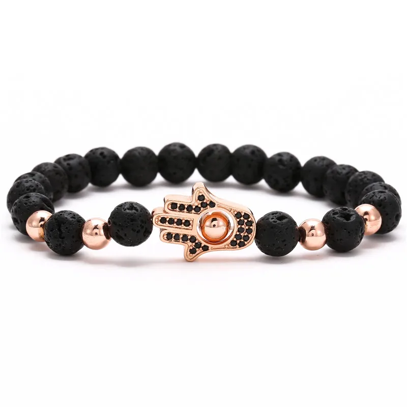 

Pave CZ Hand of Fatima Hamsa Charm Bracelet of Mala Black Lava Stone Evil Eye Amulet Bracelets For Men Women