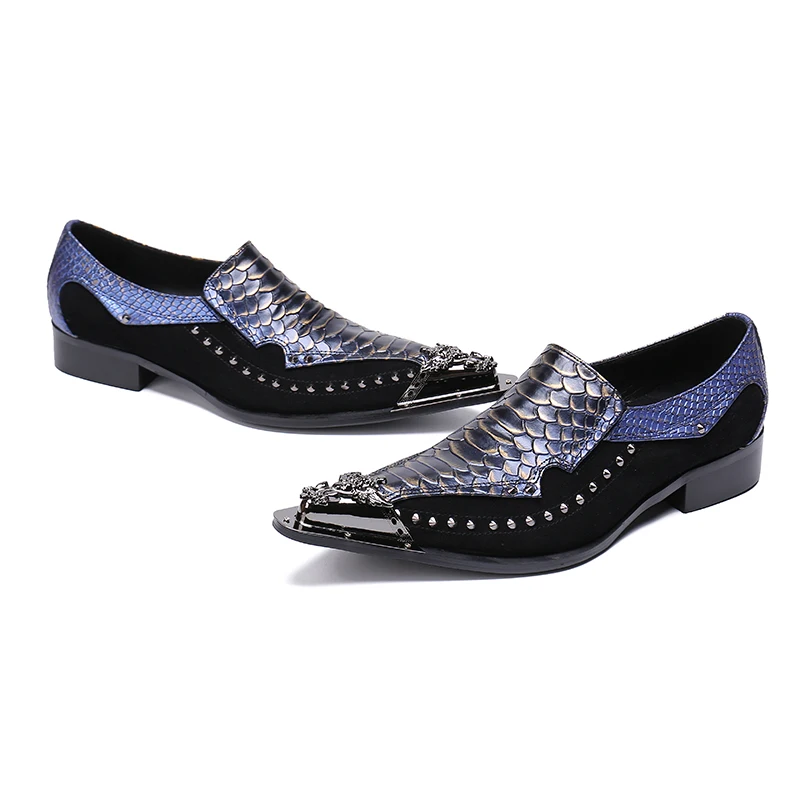 

2018 Purple Studs Pointed Toe Men Dress Shoes Handmade Genuine Leather Slip On SnakeSkin Italian Wedding Flats Shoe Oxfords