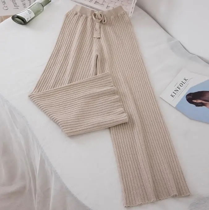 Apricot Новые корейские женские брюки осень зима Модные Трикотажные Широкие брюки элегантные эластичные с высокой талией женские повседневные свободные брюки S1696 - Цвет: Apricot